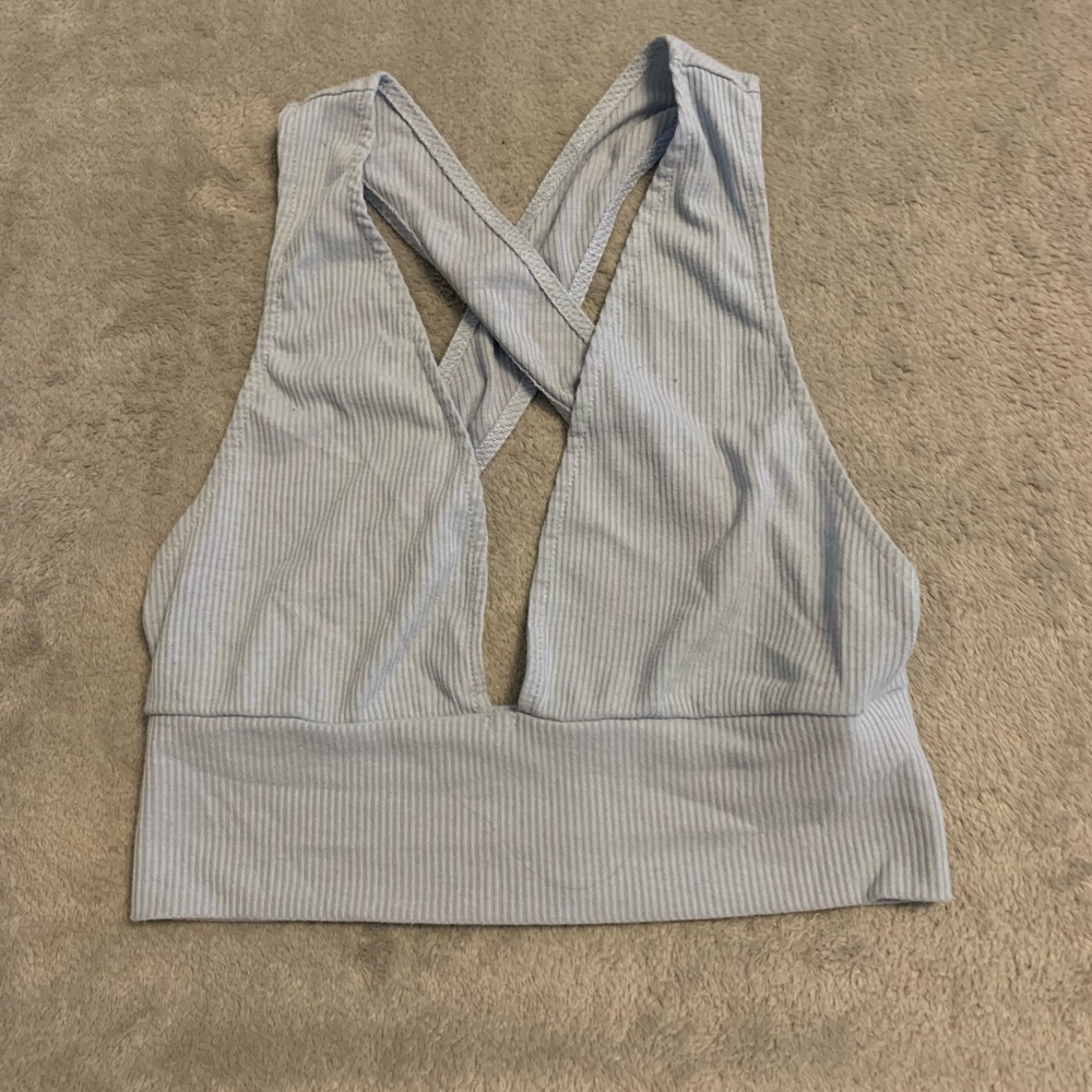 SHEIN Light Blue Ribbed Cross-Back Sports Bra
